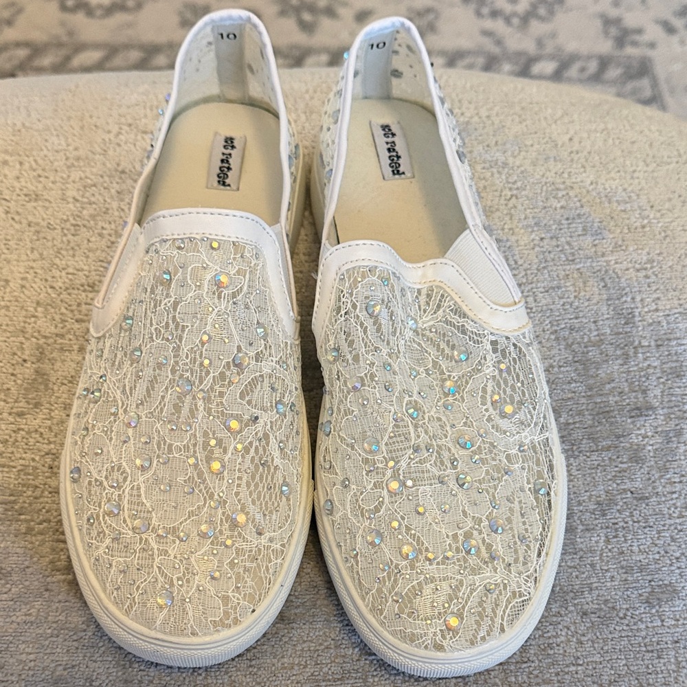 Not Rated White Lace Slip-On Mules with Iridescent Rhinestone Accents